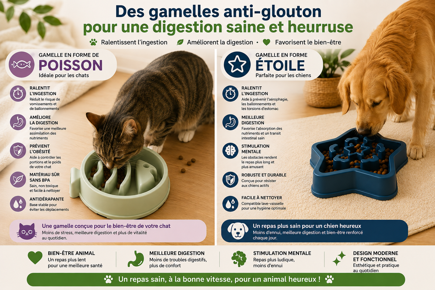 Gamelle Anti-Glouton pour Chien & Chat — Poisson & Étoile — MonCompagnon